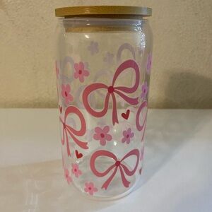 Pink Bow and Flower Glass cup with Bamboo Lid
